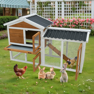 58" Wooden Outdoor Indoor Roof Waterproof Bunny Hutch Rabbit Cage Guinea Pig Coop PET House for Small to Medium Animals with Stairs and Cleaning Tray Dweva