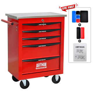 5 Drawers Multifunctional Tool Cart with Wheels,Metal Rolling Tool Cart Storage for Garage Workshop Warehouse Repair Shop--With Stainless Steel Roof--Red&Black Dweva