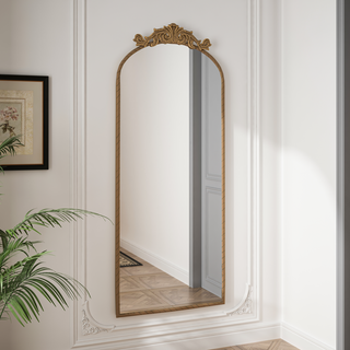 58"x24" Arched Full Body Mirror with Vintage Ornate Carved Applique on Top, Hanging Wall Mounted Mirror, for Living Room Bedroom Retro Home Decor Mirror, Bronze Dweva