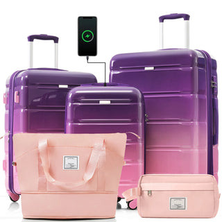 Luggage Sets 5 Piece, 20-inch with USB Port, ABS Durable Suitcase with Travel Bag, ABS+PC Hard Shell Luggage with Spinner Wheels, purple and pink Dweva