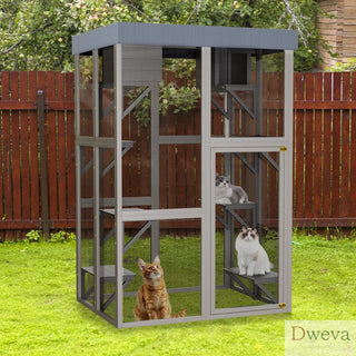 70.5＂ Tall Wooden Catio Outdoor Cat Enclosure, Gray Cat House Large Solid Wood Cage Playpen with 6 Jumping Platforms & 2 Napping Houses, Movable tarp cover Dweva