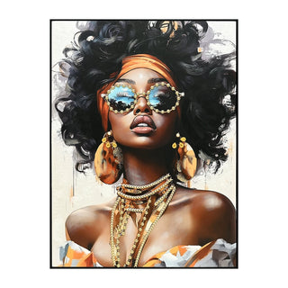 African American Woman Canvas Wall Art Black Girl with Curly Hair Sunglasses Orange Headwrap Earrings and Necklaces Modern Afrocentric Decor for Living Room Bedroom Office decorative picture Dweva