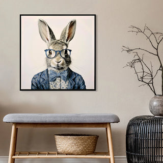 Gallery Wrapped Canvas Wall Art - Dapper Bunny in Tailored Cobalt Blue Suit, Modern Animal Portrait Framed Print for Lounge/Office Decor decorative picture painting Dweva