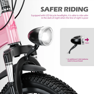 FKZNPJ 24 Inch Kids Mountain Bike for Boys & Girls Ages 7-12 – 7-Speed Gears, Dual Disc Brakes, Shock Absorber Front Fork, LED Light – Silver & Pink Dweva