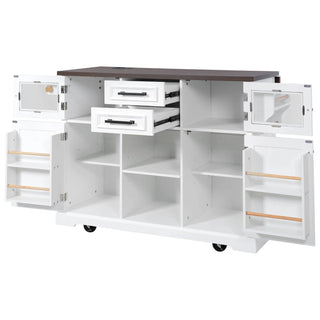 K&K 54.9" Kitchen Island with Drop Leaf, Power Outlet, Kitchen Storage Cart with 4 Door Shelves, Cross Barn Doors & Visual Glass Door, Rolling Kitchen Island on 4 Wheels for Kitchen, Dining Room,White Dweva