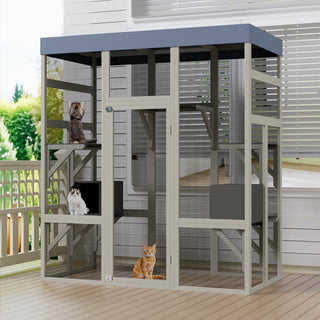 62.6" Outdoor Wooden Catio for Cats, Large Cat Enclosure with Waterproof Roof, 2 Cat Houses & Platforms, Secure Rust-Proof Wire Pet Cage for Patio or Backyard Dweva