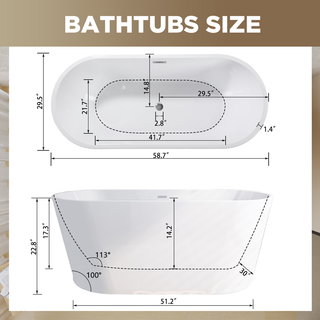 59" Acrylic Freestanding Bathtub, Stand Alone Soaking Tub, Glossy White Acrylic, Toe-tap Chrome Drain, cUPC Certified Dweva