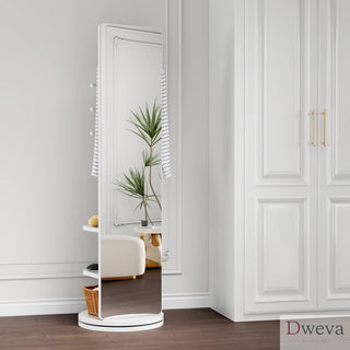 360° Rotating 69"x16" Multifunctional Full Length Mirror with Hook Storage Rack Coat Rack with Mirror Solid Wood Floor Mirror Bedroom Living Room Cloakroom Space Saving (white) Dweva