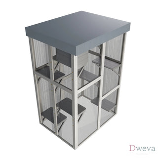 70.5＂ Tall Wooden Catio Outdoor Cat Enclosure, Gray Cat House Large Solid Wood Cage Playpen with 6 Jumping Platforms & 2 Napping Houses, Movable tarp cover Dweva