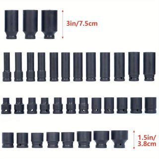 35pcs 1/2" lmpact Socket Set Cr-V Steel Drive Deep 6Point Socket Tool Set 8-32mm Metric Socket WrenchSet with Size Marking for Automotive Repair High Torque Dweva