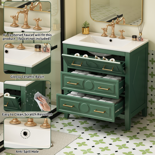 30'' Bathroom Vanity with Ceramic Sink Combo, Free Standing Single Vanity Set with 3 Drawers, Solid Wood Frame Bathroom Storage Cabinet, Green Dweva