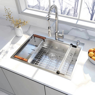 28 x 22 Drop In Stainless Steel Workstation Sink, 28 Inch 18-Gauge Stainless Steel Drop-In Kitchen Sink, Handmade Single Bowl Workstation R10 Rounded Corner kitchen Sink with Accessories Dweva