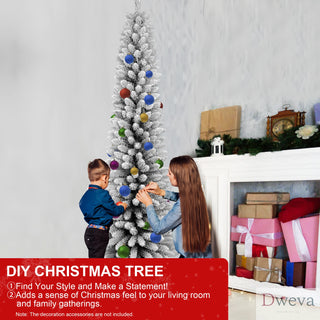 6FT Flocked Pencil Christmas Tree – Slim PVC Tree with 358 Snowy Tips, Space-Saving Design, Realistic Snow Effect, Sturdy Metal Stand, Easy Setup Dweva