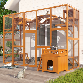 Weatherproof Catio Outdoor Cat Enclosure, Outdoor Cat house, Natural Wood Playground, Natural Cat Shelf with Litter Box Dweva