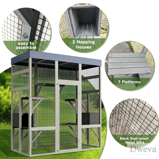 62.6" Outdoor Wooden Catio for Cats, Large Cat Enclosure with Waterproof Roof, 2 Cat Houses & Platforms, Secure Rust-Proof Wire Pet Cage for Patio or Backyard Dweva