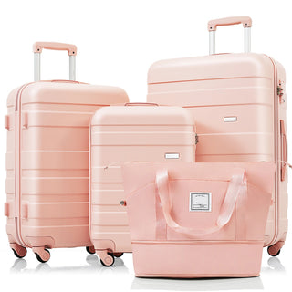 Luggage Sets 4 Piece, ABS Durable Suitcase with Travel Bag, Carry On Luggage Suitcase Set with 360° Spinner Wheels, pink Dweva