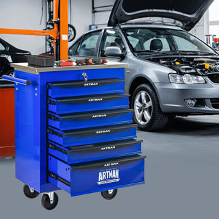 6 Drawers Multifunctional Tool Cart with Wheels,Metal Rolling Tool Cart Storage for Garage Workshop Warehouse Repair Shop--With Stainless Steel Roof- BLACK&BLUE Dweva