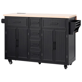 K&K 56.5'' Kitchen Island with Drop Leaf, Power Outlet, Embossed Vertical Stripe Rolling Kitchen Cart on Wheels with 4 Doors , 5 Deep Drawers and Adjustable Shelves, for Kitchen, Dining Room, Black Dweva