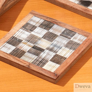 Handmade Set of 2 Chiseled Horn Coasters with Teakwood Edges Dweva
