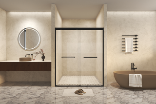 44-48" W × 72" H Tempered Glass with Explosion Proof Film, Aluminum Frame Double Sliding Shower Door, "1/4 (6 mm), Stainless Steel handle, Matte Black Dweva