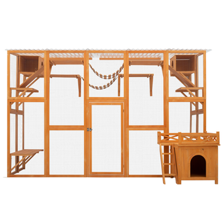 Weatherproof Catio Outdoor Cat Enclosure, Outdoor Cat house, Natural Wood Playground, Natural Cat Shelf with Litter Box Dweva