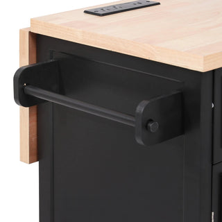 K&K 56.5'' Kitchen Island with Drop Leaf, Power Outlet, Embossed Vertical Stripe Rolling Kitchen Cart on Wheels with 4 Doors , 5 Deep Drawers and Adjustable Shelves, for Kitchen, Dining Room, Black Dweva