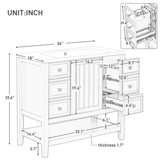 36" Bathroom Vanity with Sink, One Cabinet and Three Drawers, Solid Wood and MDF Board, White (Old Sku:SY999505AAK-6)