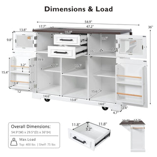 K&K 54.9" Kitchen Island with Drop Leaf, Power Outlet, Kitchen Storage Cart with 4 Door Shelves, Cross Barn Doors & Visual Glass Door, Rolling Kitchen Island on 4 Wheels for Kitchen, Dining Room,White Dweva