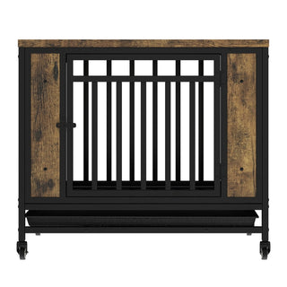 Dog House Furniture, Wooden Dog House Dining Table with Iron Door and Tray for Medium/Small Dogs Indoors, Vintage Wooden Color Dweva