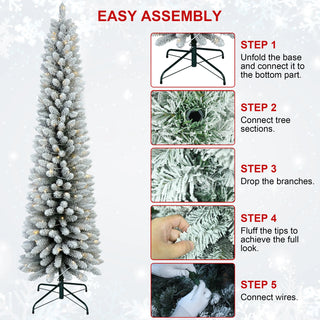 5FT Flocked Pencil Christmas Tree with 100 Warm White LED Lights – Slim Snowy PVC Tree with 263 Tips, Metal Stand, Space-Saving Design, Easy to Set Up Dweva
