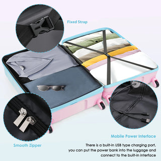 Luggage Set of 3, 20-inch with USB Port, Airline Certified Carry-on Luggage , ABS+PC Hard Shell Luggage with Spinner Wheels, light blue and pink Dweva