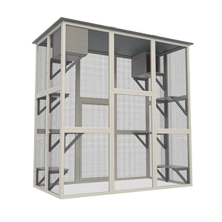 Gray Wooden Outdoor Catio Cat Enclosure with Weatherproof Asphalt Roof, Large Walk-in Cat House with 6 Platforms & 2 Napping Boxes, Solid Wood Cat Cage Kennel Condo Playpen for Patio Dweva