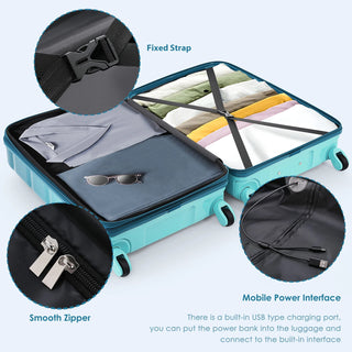 Luggage Sets 5 Piece, 20-inch with USB Port, ABS Durable Suitcase with Travel Bag, ABS+PC Hard Shell Luggage with Spinner Wheels, blue Dweva