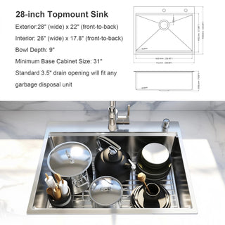 28 x 22 Drop In Stainless Steel Workstation Sink, 28 Inch 18-Gauge Stainless Steel Drop-In Kitchen Sink, Handmade Single Bowl Workstation R10 Rounded Corner kitchen Sink with Accessories Dweva