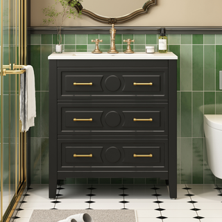 30'' Bathroom Vanity with Ceramic Sink Combo, Free Standing Single Vanity Set with 3 Drawers, Solid Wood Frame Bathroom Storage Cabinet, Black Dweva