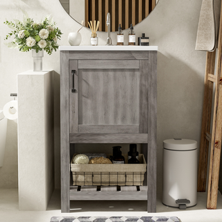 16" Bathroom Vanity Sink Combo for Small Space, Bathroom Sink Cabinet with Rectangular Ceramic Basin, Bathroom Vanities Cabinet with 1 Door and 1 Open Shelf Dweva