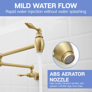Pot Filler,Wall Mount Commercial Pot Filler Faucet,Brass Material Kitchen Folding Faucet,Coffee Machine Faucet with Stretchable Double Joint Swing Arms,Style A,Brushed Gold Dweva