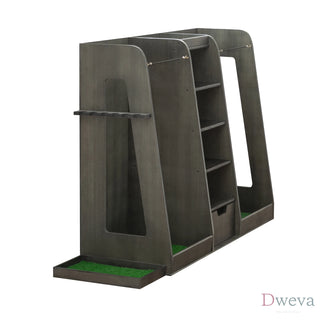 55.5''x16''x37''(LxWxH) Wooden Golf Bag Organizer and Storage Rack, High Quality Wooden 2 Golf Bag Rack with Drawers, Easy to Assemble Golf Club Holder/Stand with Club Holders on Side,Gray Dweva