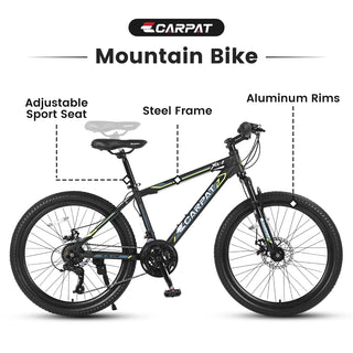 S24102 24 Inch Mountain Bike Boys Girls, Steel Frame, Shimano 21 Speed Mountain Bicycle with Daul Disc Brakes and Front Suspension MTB Dweva