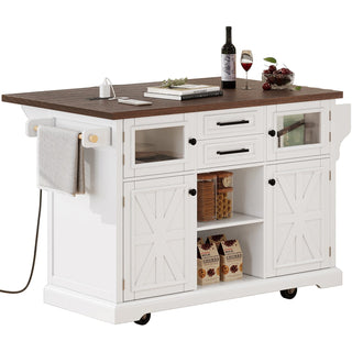 K&K 54.9" Kitchen Island with Drop Leaf, Power Outlet, Kitchen Storage Cart with 4 Door Shelves, Cross Barn Doors & Visual Glass Door, Rolling Kitchen Island on 4 Wheels for Kitchen, Dining Room,White Dweva