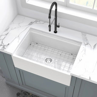 30 Inch Fireclay Farmhouse Sink-30"x 20"White Workstation Reversible Ceramic Farm Apron Front Kitchen Sink, 10 Inch Deep Single Bowl Porcelain Sink with Ledge and Accessories Dweva