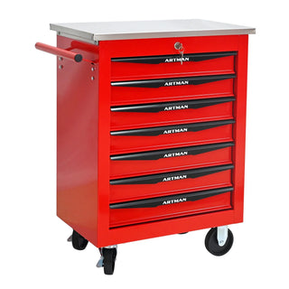 7 Drawers Multifunctional Tool Cart with Wheels,Metal Rolling Tool Cart Storage for Garage Workshop Warehouse Repair Shop--With Stainless Steel Roof- Red&Black Dweva