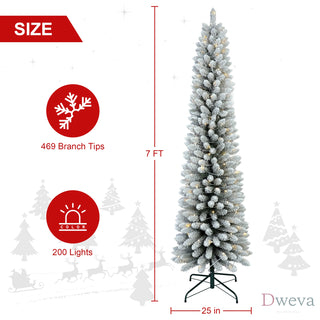 5FT Flocked Pencil Christmas Tree with 100 Warm White LED Lights – Slim Snowy PVC Tree with 263 Tips, Metal Stand, Space-Saving Design, Easy to Set Up Dweva