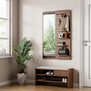 Wall Mounted Full Length Mirror, Full Body Mirror with Shelf, Full Body Mirror with Hook Wall Mounted Mirror with Multifunctional Design Panel, Bedroom/Living Room/Entrance Walnut (47.6*15.7in) Dweva