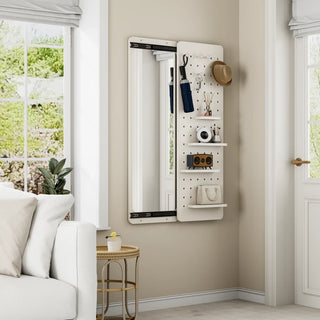 Wall Mounted Full Length Mirror, Full Body Mirror with Shelf, Full Body Mirror with Hook Wall Mounted Mirror with Multifunctional Design Panel, Bedroom/Living Room/Entrance White(47.6*15.7in) Dweva