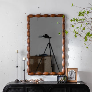 Mid-Century Modern Mirror with Solid Wood Frame,Wall-Mounted High-Definition Non-deformable Bedroom Mirror, Living Room Mirror,Brown Dweva