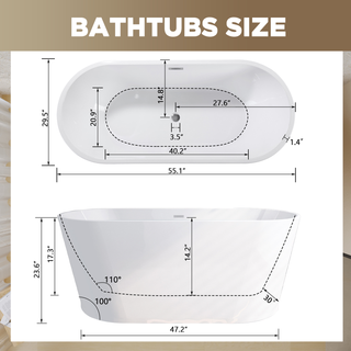 55" Acrylic Freestanding Bathtub, Stand Alone Soaking Tub, Glossy White Acrylic, Toe-tap Chrome Drain, cUPC Certified Dweva