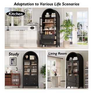K&K 71" Tall Arched Kitchen Pantry Cabinet with 2 Large Drawers, Modern Farmhouse Kitchen Storage Cabinets with Adjustable Shelves, Glass Door, Wood Versatile Cupboard for Kitchens, Dining Room, Black Dweva