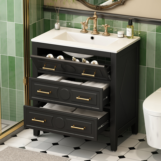 30'' Bathroom Vanity with Ceramic Sink Combo, Free Standing Single Vanity Set with 3 Drawers, Solid Wood Frame Bathroom Storage Cabinet, Black Dweva