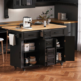 K&K 56.5'' Kitchen Island with Drop Leaf, Power Outlet, Embossed Vertical Stripe Rolling Kitchen Cart on Wheels with 4 Doors , 5 Deep Drawers and Adjustable Shelves, for Kitchen, Dining Room, Black Dweva